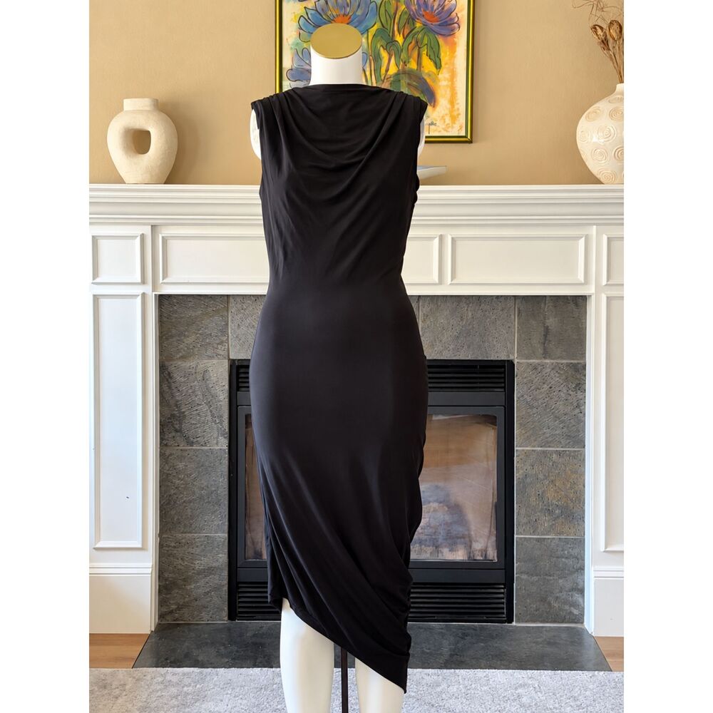 Haute Hippie Black Draped Cowl Neck Sleeveless Asymmetrical Midi Dress USA Made